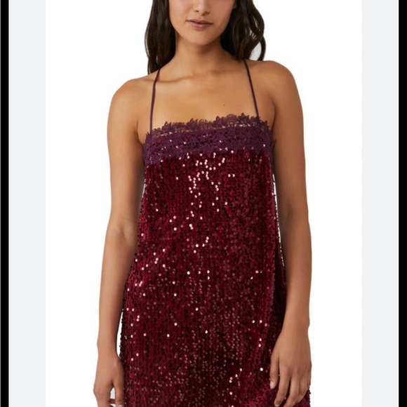 NWT Free People Sequined & Lace Spaghetti Strap Dress in Deep Plum - Picture 4 of 7